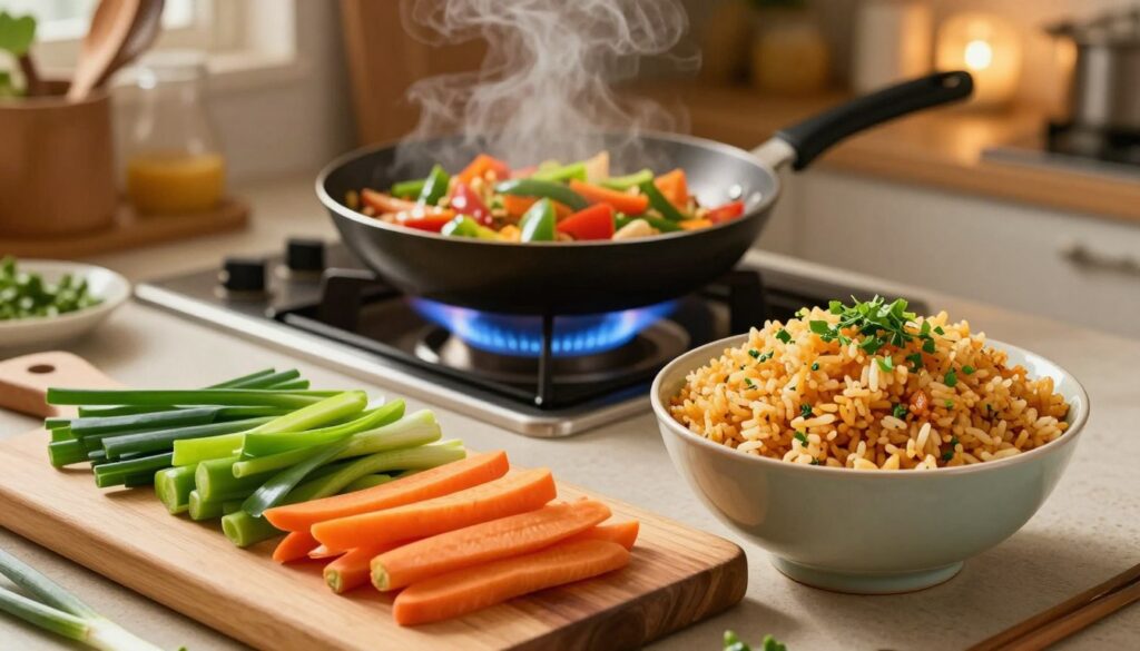 A beautifully arranged step-by-step visual guide for a master fried rice recipe, capturing the essence of a busy weeknight dinner. In the foreground, an elegant wooden cutting board displays vibrant, chopped vegetables—green onions, bell peppers, and carrots—alongside a bowl of fluffy, golden fried rice, garnished with fresh herbs. In the middle ground, a skillet sizzles over a gas flame with a colorful stir-fry, steam wafting up, demonstrating the cooking process. In the background, a cozy kitchen setting, warmly lit with soft ambient lighting, includes utensils and ingredients, evoking a homey atmosphere. The angle focuses on a slightly overhead view, providing depth and inviting the viewer into the cooking experience. The overall mood is lively and appetizing, suited to inspire busy individuals looking to create a delicious meal quickly. A beautifully arranged step-by-step visual guide for a master fried rice recipe, capturing the essence of a busy weeknight dinner. In the foreground, an elegant wooden cutting board displays vibrant, chopped vegetables—green onions, bell peppers, and carrots—alongside a bowl of fluffy, golden fried rice, garnished with fresh herbs. In the middle ground, a skillet sizzles over a gas flame with a colorful stir-fry, steam wafting up, demonstrating the cooking process. In the background, a cozy kitchen setting, warmly lit with soft ambient lighting, includes utensils and ingredients, evoking a homey atmosphere. The angle focuses on a slightly overhead view, providing depth and inviting the viewer into the cooking experience. The overall mood is lively and appetizing, suited to inspire busy individuals looking to create a delicious meal quickly.