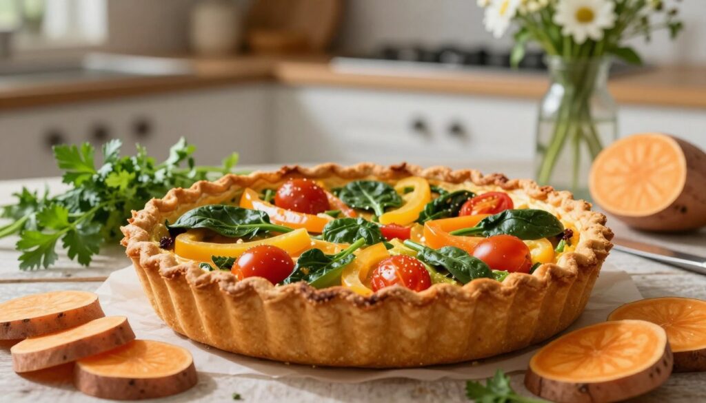 A beautifully arranged sweet potato quiche crust, prominently showcased in the foreground, is elegantly filled with colorful, fresh vegetables like bell peppers, spinach, and cherry tomatoes. The crust features a rich, golden-brown texture that highlights the nutritional benefits of sweet potatoes. Surrounding the quiche, a scattering of raw sweet potato slices and sprigs of fresh herbs like parsley add vibrancy and detail. In the middle ground, soft, natural lighting enhances the warm tones of the crust while casting gentle shadows. The background is a cozy kitchen setting with subtle hints of brunch elements like a rustic wooden table and a vase of fresh flowers, creating an inviting atmosphere perfect for a healthy brunch. The overall mood is warm, inviting, and nutritious, emphasizing a healthy lifestyle choice.