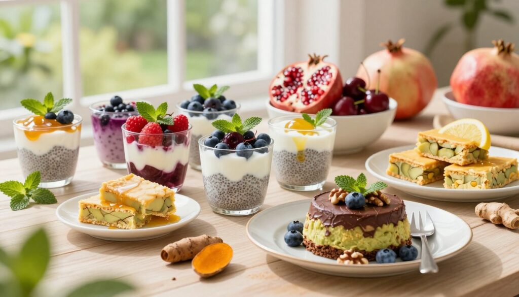 A beautifully arranged table featuring a variety of colorful anti-inflammatory desserts, such as vibrant berry parfaits layered with creamy yogurt and topped with fresh mint, honey-drizzled chia seed puddings, and slices of turmeric-infused lemon bars. In the foreground, a delicately styled dessert plate showcases a rich chocolate avocado mousse garnished with blueberries and walnuts. The middle ground includes bowls of antioxidant-rich fruits like pomegranates and cherries, alongside ingredients like turmeric and ginger creatively displayed. The background features soft natural light streaming through a window, creating a warm and inviting atmosphere, with a soft-focus garden view enhancing the mood of wellness and vitality. The angle is slightly elevated, capturing the entire tabletop setup while maintaining a fresh spring vibe.