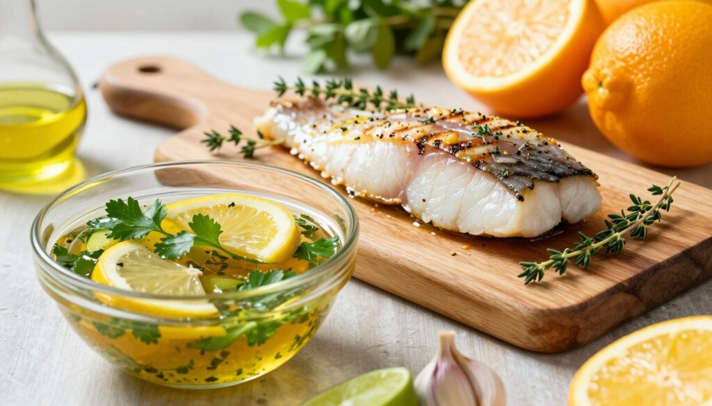 A beautifully arranged table featuring a vibrant swordfish marinade made with Mediterranean herbs and citrus. In the foreground, a glass bowl brimming with the colorful marinade showcases fresh parsley, oregano, thyme, slices of lemon, and lime, along with garlic and olive oil glistening under warm, natural light. In the middle, you can see a filleted piece of swordfish, perfectly seasoned and awaiting grilling, surrounded by sprigs of fresh herbs. The background features a rustic wooden cutting board and fresh, whole citrus fruits. The atmosphere is bright and inviting, evoking a culinary adventure in a sunlit kitchen. The image is captured from a slightly elevated angle to highlight the textures and colors, with a soft focus on the background for depth.
