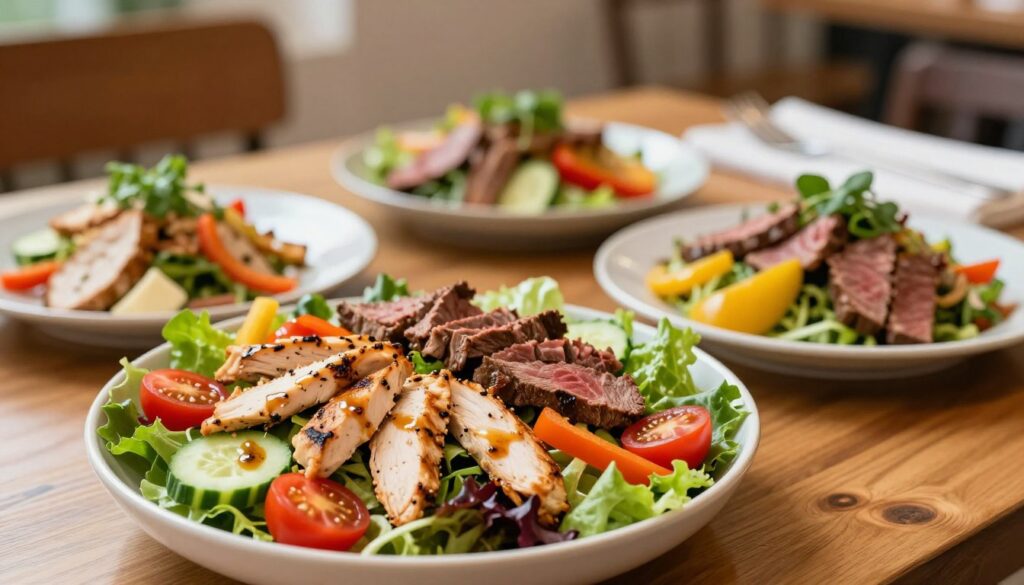 A beautifully arranged table featuring vibrant protein-packed salads served as main dishes. In the foreground, a large bowl of mixed greens topped with grilled chicken strips, juicy beef slices, and an array of colorful vegetables including cherry tomatoes, cucumber, and bell peppers. A drizzle of tangy vinaigrette glistens on the salad. In the middle of the scene, individual plates showcase smaller portions of the salads, artistically garnished with fresh herbs. The background is softly blurred, revealing a cozy dining setting with warm, natural lighting that conveys a welcoming atmosphere. The scene is captured from a slight overhead angle, emphasizing the freshness and variety of the ingredients while keeping the focus on the salads themselves.