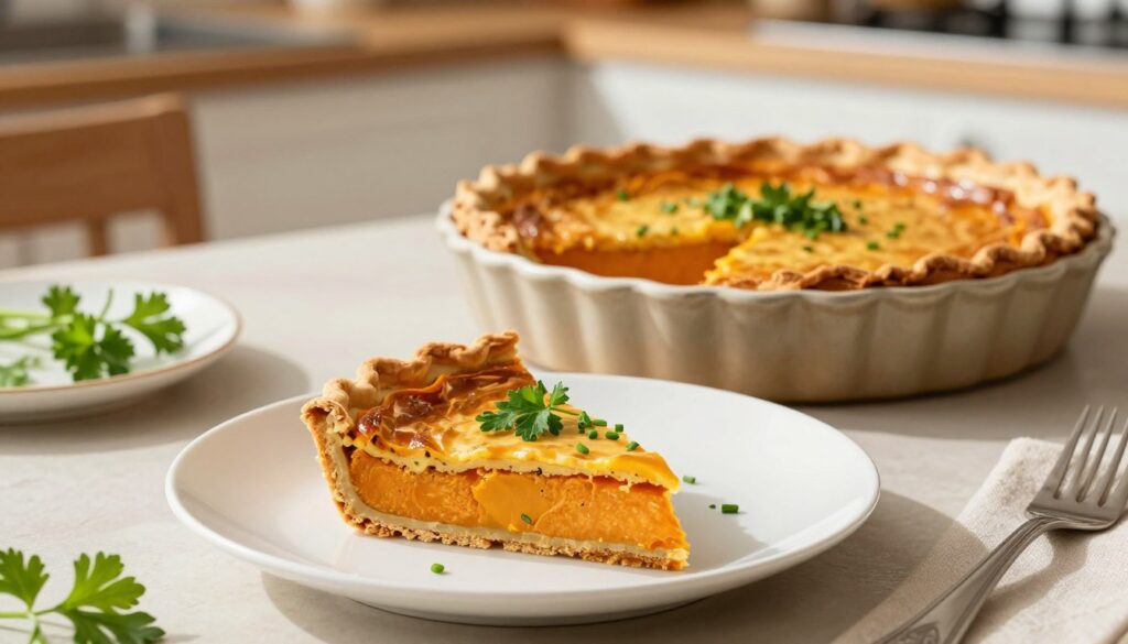 A beautifully arranged table scene featuring a freshly baked quiche with a vibrant sweet potato crust. The foreground showcases a slice of the quiche on a delicate white plate, topped with fresh herbs like parsley and chives. In the middle ground, place a whole quiche in an elegant, rustic pie dish, slightly golden and lightly garnished. The background is softly blurred, revealing a sunlit kitchen with warm wooden accents, enhancing the inviting atmosphere. The lighting is natural and bright, casting gentle shadows, and the scene is captured from a slightly elevated angle to highlight the layers of ingredients in the quiche. The mood exudes warmth and comfort, perfect for a healthy brunch setting.