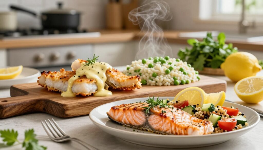 A beautifully arranged table setting featuring a variety of easy fish dinners suitable for Lent. In the foreground, a perfectly grilled salmon fillet garnished with fresh herbs and lemon slices, alongside a colorful quinoa salad with cherry tomatoes and cucumbers. In the middle, a rustic wooden serving board displays crispy baked cod with a zesty lemon butter sauce, and a creamy risotto dotted with peas. The background features a cozy kitchen with soft, warm lighting, a hint of steam rising from a pot, and fresh ingredients like herbs and lemon, creating an inviting atmosphere. The scene should have a focus on vibrant colors, and natural textures, evoking a sense of comfort and simplicity, captured with a shallow depth of field for a soft bokeh effect. A beautifully arranged table setting featuring a variety of easy fish dinners suitable for Lent. In the foreground, a perfectly grilled salmon fillet garnished with fresh herbs and lemon slices, alongside a colorful quinoa salad with cherry tomatoes and cucumbers. In the middle, a rustic wooden serving board displays crispy baked cod with a zesty lemon butter sauce, and a creamy risotto dotted with peas. The background features a cozy kitchen with soft, warm lighting, a hint of steam rising from a pot, and fresh ingredients like herbs and lemon, creating an inviting atmosphere. The scene should have a focus on vibrant colors, and natural textures, evoking a sense of comfort and simplicity, captured with a shallow depth of field for a soft bokeh effect.