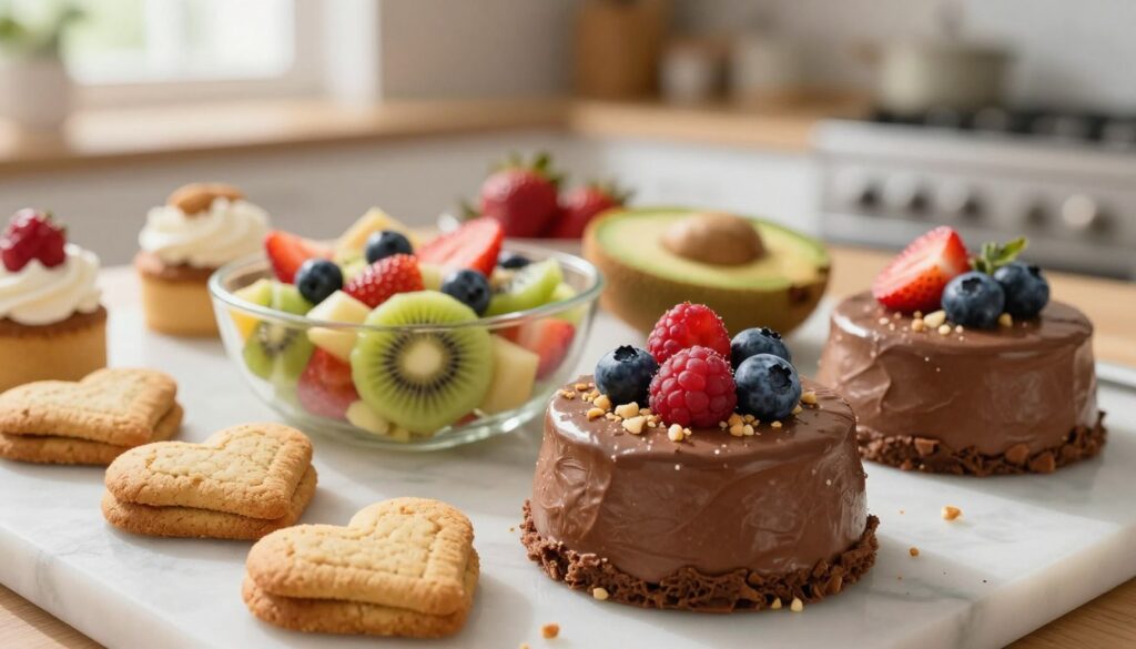 A beautifully arranged table setting featuring an array of sugar-free desserts suitable for diabetics. In the foreground, showcase a delicious chocolate avocado mousse topped with fresh berries and a sprinkle of crushed nuts, alongside almond flour cookies shaped like hearts. In the middle, a vibrant fruit salad made with kiwi, strawberries, and blueberries adds a colorful touch. The background features a softly blurred kitchen setting with natural light streaming through a window, bathing the scene in a warm glow. Capture the mood of health and indulgence, emphasizing the creativity of healthy cooking. The angle should be slightly elevated to provide a comprehensive view of the desserts, highlighting their textures and colors without any text or distractions.