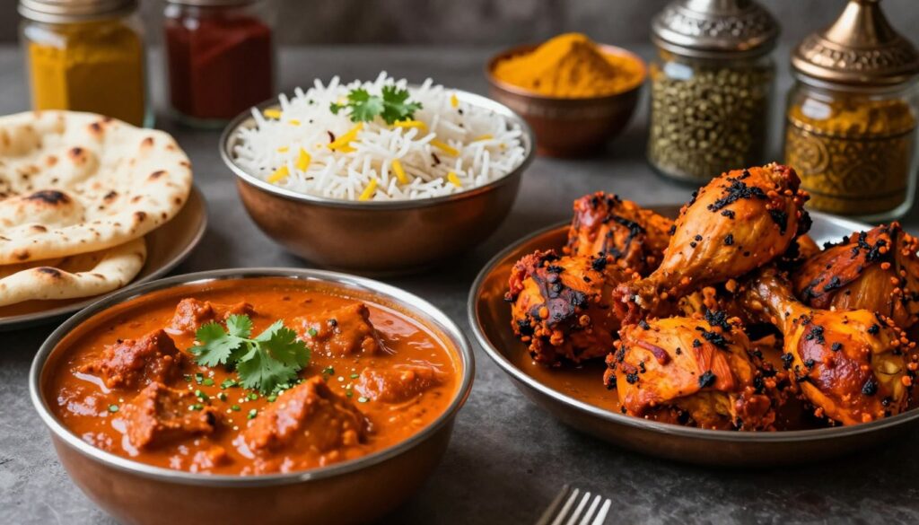 A beautifully arranged table showcasing a variety of tender and flavorful Indian chicken dishes. In the foreground, highlight a vibrant butter chicken with a creamy tomato sauce, garnished with fresh cilantro, alongside a platter of spicy tandoori chicken with reddish-orange marination. The middle ground features bowls of aromatic basmati rice and warm naan bread, adding textures and colors to the scene. The background includes traditional Indian spices like turmeric, cumin, and coriander in decorative jars, enhancing the atmosphere of authenticity. Soft, warm lighting illuminates the dishes, creating a cozy, inviting mood. The image is captured from a slightly elevated angle to emphasize the richness and detail of the food, inviting the viewer to explore these delectable recipes.