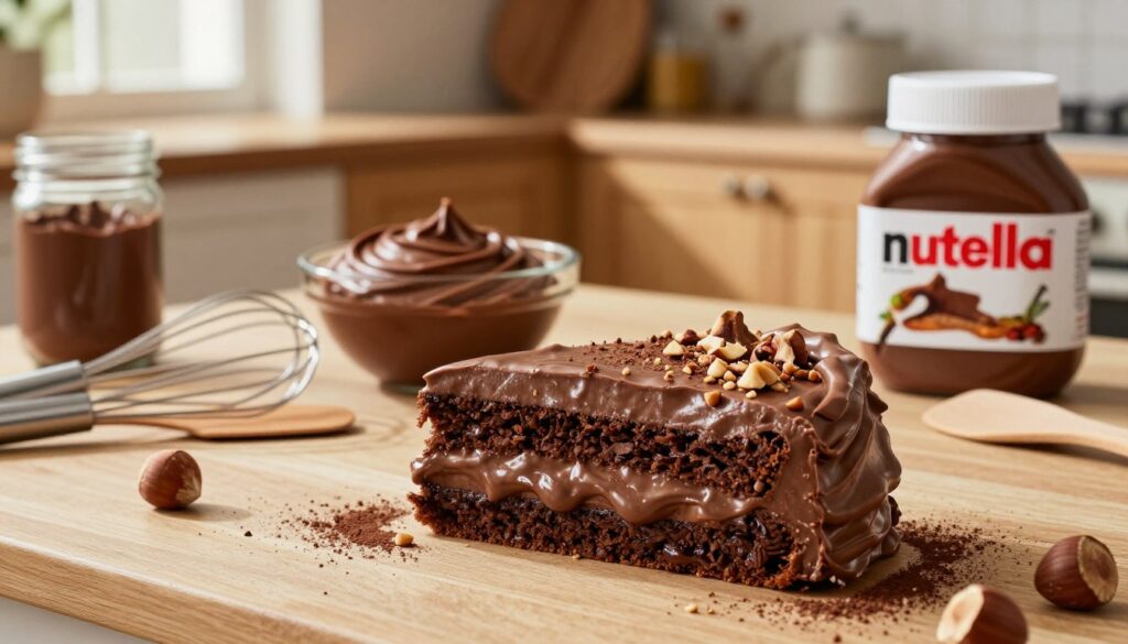 A beautifully arranged table showcasing the benefits of Nutella buttercream, featuring a decadent chocolate cake layered with smooth Nutella frosting. In the foreground, a close-up of a rich, glossy slice of cake reveals the creamy texture of the frosting, adorned with crushed hazelnuts and a light dusting of cocoa powder. The middle ground features a bowl of fluffy Nutella buttercream, surrounded by baking tools, like a whisk and spatula, and jars of ingredients highlighting quality. The background consists of a cozy, softly lit kitchen setting with warm wooden cabinets, enhancing the inviting atmosphere. The image is illuminated by natural light from a window, casting gentle shadows and creating a warm, delicious mood that perfectly captures the joy of making and enjoying Nutella buttercream. A beautifully arranged table showcasing the benefits of Nutella buttercream, featuring a decadent chocolate cake layered with smooth Nutella frosting. In the foreground, a close-up of a rich, glossy slice of cake reveals the creamy texture of the frosting, adorned with crushed hazelnuts and a light dusting of cocoa powder. The middle ground features a bowl of fluffy Nutella buttercream, surrounded by baking tools, like a whisk and spatula, and jars of ingredients highlighting quality. The background consists of a cozy, softly lit kitchen setting with warm wooden cabinets, enhancing the inviting atmosphere. The image is illuminated by natural light from a window, casting gentle shadows and creating a warm, delicious mood that perfectly captures the joy of making and enjoying Nutella buttercream.