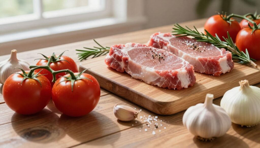 A beautifully arranged tabletop showcasing fresh ingredients for a delicious pork chops recipe. In the foreground, vibrant red tomatoes, crisp white onions, and fragrant garlic bulbs are artfully scattered on a rustic wooden surface. The middle ground features a neatly arranged cutting board with a set of uncooked, succulent pork chops sprinkled with salt and pepper, garnished with fresh herbs like rosemary. In the background, soft, natural light filters through a window, casting gentle shadows and creating a warm, inviting atmosphere. The scene is captured from a slightly elevated angle, emphasizing the freshness and color contrast of the ingredients, evoking a sense of home-cooked comfort. The overall mood is fresh, appetizing, and ready for culinary inspiration.