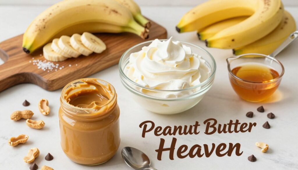 A beautifully arranged tabletop showcasing the essential ingredients for a delectable "Peanut Butter Heaven" recipe. In the foreground, a creamy jar of peanut butter is opened, spoon resting beside it, with a scattering of roasted peanuts and chocolate chips artistically placed around it. The middle layer features a glass bowl filled with fluffy whipped cream and a measuring cup containing honey, both glistening under soft, warm lighting. In the background, a rustic wooden cutting board is adorned with ripe bananas and a sprinkle of sea salt. The overall atmosphere is inviting and cozy, suggesting a homey kitchen environment. The image should be captured from a slightly elevated angle to highlight the colorful ingredients and convey a sense of preparation and delight.