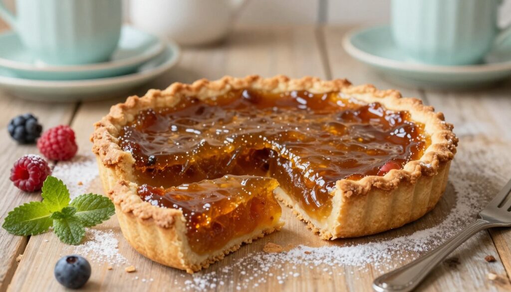 A beautifully arranged treacle tart sits on a rustic wooden table, showcasing its golden syrup filling glistening under soft natural lighting. The tart is sliced, revealing its rich, gooey interior, while the crust is perfectly baked, with a golden-brown hue. Surrounding the tart are fresh summer ingredients: ripe berries, a sprig of mint, and a delicate dusting of powdered sugar. In the background, a simple kitchen setup with pastel-colored kitchenware adds warmth to the scene. The composition captures a homely, inviting atmosphere evoking the essence of a British classic dessert. The image is shot from a slightly elevated angle, emphasizing the tart's texture and inviting the viewer to experience the deliciousness of this easy treacle tart recipe.