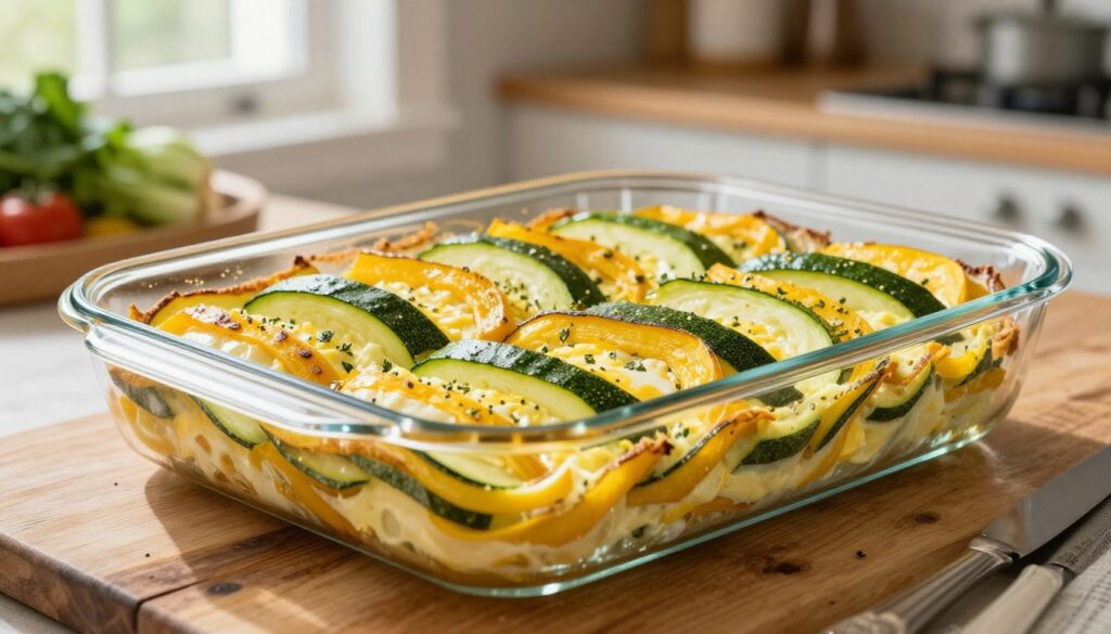 A beautifully arranged zucchini egg bake using vibrant green zucchini and rich yellow summer squash ribbons, displayed in a clear glass baking dish. The dish is presented on a rustic wooden table, with a light dusting of fresh herbs sprinkled atop. In the foreground, focus on the layers of the bake, showcasing the distinct layers of ribbons, eggs, and cheese. Soft natural light pours in from a nearby window, creating gentle highlights and shadows, enhancing the texture of the vegetables. In the background, a blurred kitchen setting with fresh produce and cooking utensils adds to the warm, cozy atmosphere of a home kitchen. The overall mood is inviting and appetizing, perfect for highlighting the step-by-step layering technique.