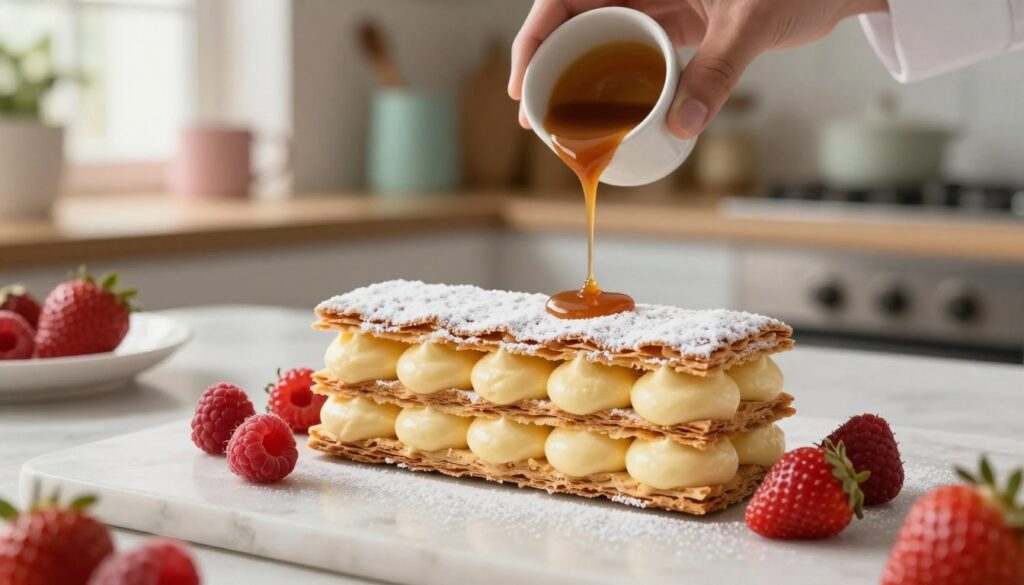 A beautifully assembled millefeuille dessert, showcasing layers of flaky puff pastry interspersed with rich vanilla pastry cream and a delicate dusting of powdered sugar. In the foreground, the millefeuille is elegantly stacked, with the top piece slightly askew to reveal the creamy filling. Fresh berries, such as raspberries and strawberries, are artfully arranged around the dessert, adding vibrant color. The middle scene features a softly illuminated kitchen countertop, with a chef's hand gently pouring a caramel sauce over the dessert. The background contains blurred pastel-colored kitchen tools, conveying a warm, inviting atmosphere. Soft, natural light filters in from a nearby window, casting gentle shadows and highlighting the textures of the pastry. The entire composition exudes a sense of indulgence and sophistication, perfect for celebrating this classic French treat. A beautifully assembled millefeuille dessert, showcasing layers of flaky puff pastry interspersed with rich vanilla pastry cream and a delicate dusting of powdered sugar. In the foreground, the millefeuille is elegantly stacked, with the top piece slightly askew to reveal the creamy filling. Fresh berries, such as raspberries and strawberries, are artfully arranged around the dessert, adding vibrant color. The middle scene features a softly illuminated kitchen countertop, with a chef's hand gently pouring a caramel sauce over the dessert. The background contains blurred pastel-colored kitchen tools, conveying a warm, inviting atmosphere. Soft, natural light filters in from a nearby window, casting gentle shadows and highlighting the textures of the pastry. The entire composition exudes a sense of indulgence and sophistication, perfect for celebrating this classic French treat.
