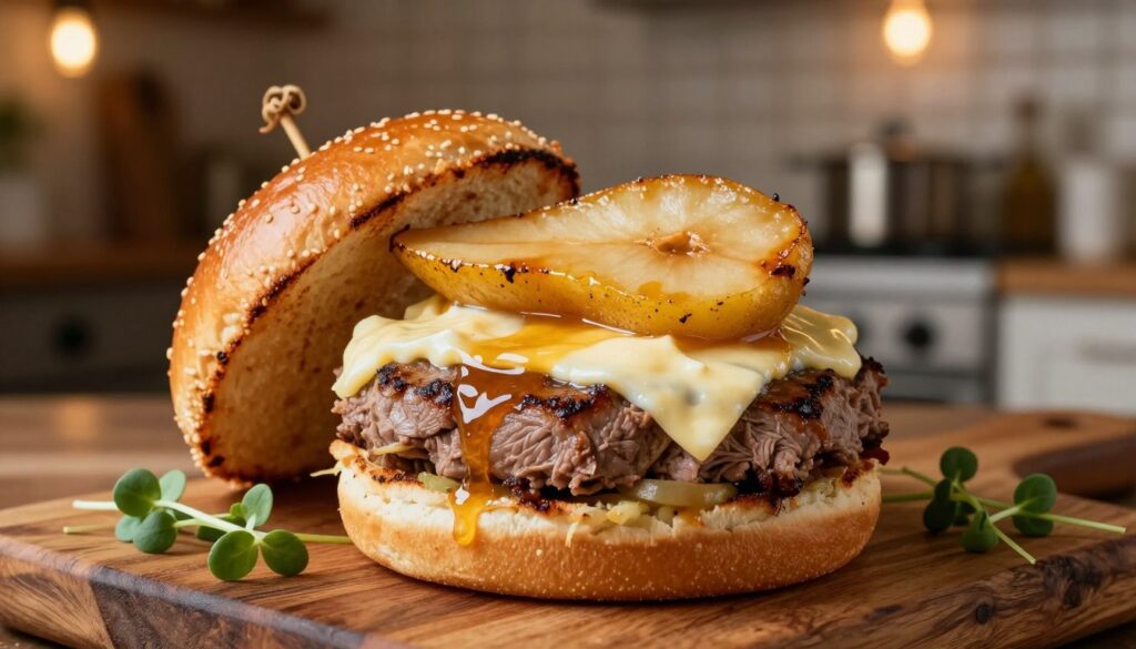A beautifully crafted gourmet burger featuring succulent duck confit, topped with creamy Cantal cheese and sweet, caramelized pear slices. In the foreground, the burger is artfully arranged on a rustic wooden board, showcasing toasted brioche bun glistening with a light sheen. The caramelized pear, golden and glossy, rests enticingly atop the cheese, with its juices glistening. Surrounding the burger are elegant microgreens for garnish. In the background, a blurred, cozy kitchen setting with warm, ambient lighting enhances the inviting atmosphere. The focus is sharp on the burger, creating a mouth-watering appeal, while the overall mood is warm and inviting, evoking a sense of culinary delight at a gourmet burger restaurant.