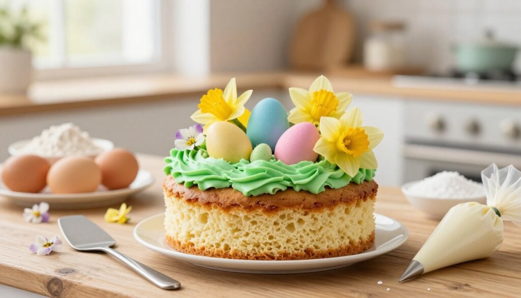 A beautifully decorated Easter cake sits on a rustic wooden table, showcasing its layers of moist vanilla sponge and vibrant green frosting arranged in a nest shape. Tucked within the frosting are colorful chocolate eggs, pastel yellow daffodils, and edible flowers for a springtime touch. In the foreground, delicate cake tools like a spatula and piping bag hint at the baking process. In the middle ground, a soft-focus arrangement of ingredients such as flour, eggs, and sugar can be seen, emphasizing simplicity. The background features a sunny kitchen environment with light pouring through a window, creating a warm and inviting atmosphere. Use natural lighting to enhance the cake’s texture and a shallow depth of field to create a dreamy effect, capturing the essence of a no-fail Easter celebration.