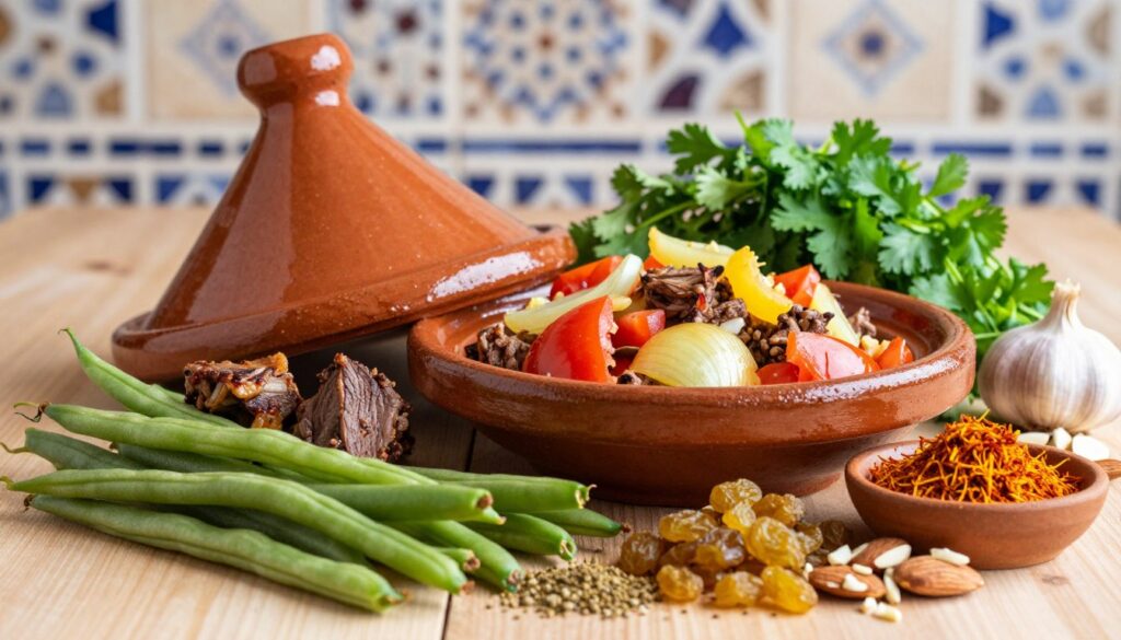 A beautifully organized display of essential ingredients for a savory meat tagine with green beans. In the foreground, vibrant green beans rest next to tender pieces of marinated meat, seasoned with spices such as cumin and coriander. A small dish of bright saffron sits nearby, alongside golden raisins and chopped almonds for added texture. In the middle, a rustic ceramic tagine pot is partially filled with colorful diced tomatoes, yellow onions, and finely chopped garlic. Fresh herbs like cilantro and parsley add a burst of green. The background features a soft-focus Moroccan tile wall, creating a cozy, inviting atmosphere. Warm, natural lighting bathes the scene, highlighting the rich colors and textures of the ingredients, conveying a sense of warmth and comfort in culinary craftsmanship.