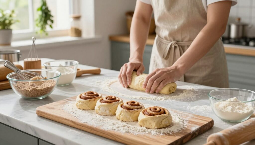 A beautifully organized kitchen countertop showcasing a step-by-step dough-making process for fluffy cinnamon rolls. In the foreground, a wooden board is covered with a generous dusting of flour, with rolled-out dough partially visible, featuring swirls of cinnamon and sugar. A mixing bowl filled with ingredients sits nearby, alongside measuring cups and a whisk. In the middle ground, there’s a lightly floured marble surface where the dough is being kneaded, with hands gently working the mixture, dressed in a simple apron for modesty. In the background, a bright, airy kitchen is illuminated by warm, natural light filtering through a window, showcasing hanging herbs and baking tools, creating a cozy, inviting atmosphere perfect for homemade treats. A beautifully organized kitchen countertop showcasing a step-by-step dough-making process for fluffy cinnamon rolls. In the foreground, a wooden board is covered with a generous dusting of flour, with rolled-out dough partially visible, featuring swirls of cinnamon and sugar. A mixing bowl filled with ingredients sits nearby, alongside measuring cups and a whisk. In the middle ground, there’s a lightly floured marble surface where the dough is being kneaded, with hands gently working the mixture, dressed in a simple apron for modesty. In the background, a bright, airy kitchen is illuminated by warm, natural light filtering through a window, showcasing hanging herbs and baking tools, creating a cozy, inviting atmosphere perfect for homemade treats.