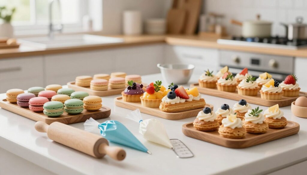 A beautifully organized pastry kitchen workspace featuring beginner-friendly pastry desserts like colorful macarons, delicate fruit tarts, and creamy éclairs displayed on elegant wooden platters. In the foreground, include a variety of essential pastry tools like a rolling pin, piping bags, and measuring cups, all neatly arranged. The middle ground showcases the pastel desserts with fresh fruits and herbs garnishing them, while the background displays a well-lit, airy kitchen with soft natural light coming through a window, enhancing the warm atmosphere. Use a shallow depth of field to create a dreamy effect, focusing on the desserts while softly blurring the kitchen elements. Aim for a cheerful and inviting mood, perfect for aspiring pastry chefs.