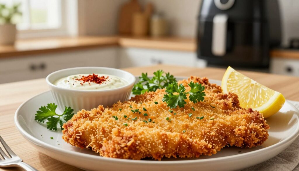 A beautifully plated air fryer chicken schnitzel with a golden-brown breadcrumb coating, positioned prominently in the foreground. The schnitzel is garnished with fresh herbs like parsley and a wedge of lemon to enhance its vibrant colors. In the middle ground, a small bowl of tangy dipping sauce and a sprinkle of seasoning, like paprika and garlic powder, add a pop of flavor. The background features a cozy kitchen setting with warm wooden tones and soft, natural light streaming in through a window, creating an inviting atmosphere. The angle is slightly elevated, capturing the dish's textures and inviting presentation. Overall, the scene evokes a sense of warmth and culinary delight, perfect for showcasing savory enhancements. A beautifully plated air fryer chicken schnitzel with a golden-brown breadcrumb coating, positioned prominently in the foreground. The schnitzel is garnished with fresh herbs like parsley and a wedge of lemon to enhance its vibrant colors. In the middle ground, a small bowl of tangy dipping sauce and a sprinkle of seasoning, like paprika and garlic powder, add a pop of flavor. The background features a cozy kitchen setting with warm wooden tones and soft, natural light streaming in through a window, creating an inviting atmosphere. The angle is slightly elevated, capturing the dish's textures and inviting presentation. Overall, the scene evokes a sense of warmth and culinary delight, perfect for showcasing savory enhancements.