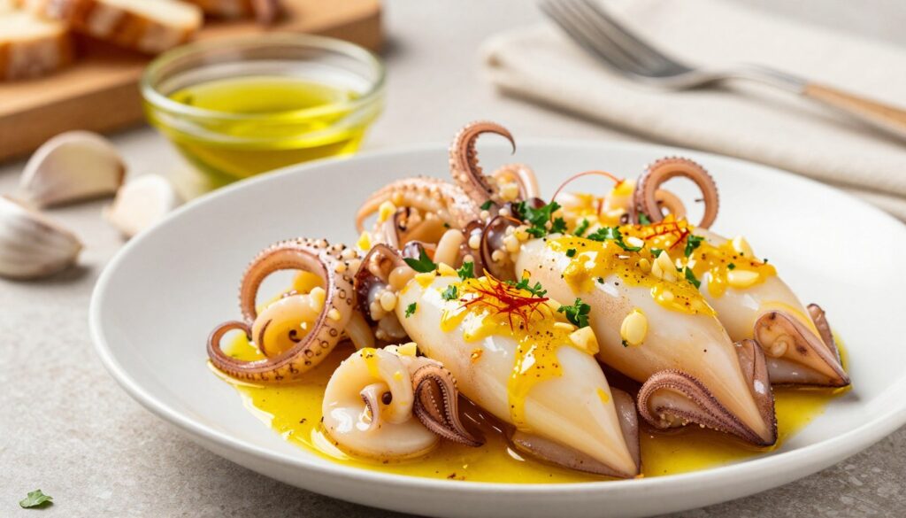 A beautifully plated dish of baby squid sautéed with garlic and saffron, showcasing the vibrant colors of the cooking ingredients. In the foreground, focus on the tender, glistening baby squid, rich golden hues from the saffron, and finely chopped parsley sprinkled on top for garnish. The middle ground features a small bowl of olive oil and fresh garlic cloves, adding a touch of texture. In the background, softly blurred kitchen elements such as a wooden cutting board and rustic utensils create an inviting atmosphere. The lighting is warm and natural, casting a gentle glow, enhancing the dish's appetizing appeal. Shot from a slightly elevated angle to capture the details of the squid, creating a serene, enticing mood perfect for a quick Italian-inspired seafood recipe.