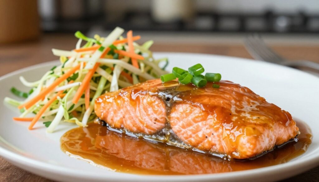 A beautifully plated dish of caramel ginger salmon, featuring a succulent piece of salmon glazed with a rich, amber caramel sauce, garnished with vibrant green scallions. The salmon rests atop a fresh Vietnamese coleslaw, colorful with shredded cabbage, carrots, and herbs. The foreground highlights a close-up of the salmon, showcasing its flaky texture and shiny glaze. In the middle ground, the coleslaw is artistically piled, colorful and appealing. The background is softly blurred, suggesting a cozy kitchen ambiance with warm lighting, emphasizing the dish's inviting nature. The image captures a casual yet sophisticated dining mood, perfect for a culinary feature.