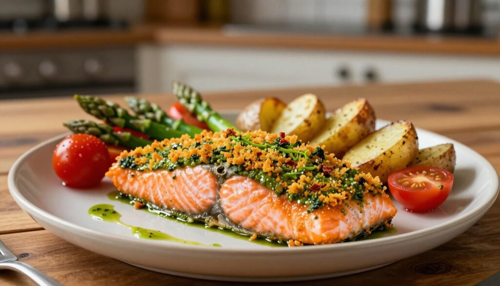 A beautifully plated dish of crispy pesto crust salmon, showcasing the salmon fillet topped with a vibrant, green pesto that has a golden, crunchy texture. The foreground features the salmon glistening under warm, natural light, highlighting the intricate details of the crispy crust. Accompanying the salmon are colorful side vegetables, such as bright cherry tomatoes, green asparagus, and roasted potatoes arranged artfully around the edge of the plate. In the middle ground, a rustic wooden table adds warmth, complementing the vibrant colors of the food. The background is softly blurred, featuring a hint of a cozy kitchen environment with subtle lighting that adds a welcoming atmosphere. The overall mood is inviting and appetizing, showcasing an expertly prepared meal that emphasizes the crispy pesto crust. A beautifully plated dish of crispy pesto crust salmon, showcasing the salmon fillet topped with a vibrant, green pesto that has a golden, crunchy texture. The foreground features the salmon glistening under warm, natural light, highlighting the intricate details of the crispy crust. Accompanying the salmon are colorful side vegetables, such as bright cherry tomatoes, green asparagus, and roasted potatoes arranged artfully around the edge of the plate. In the middle ground, a rustic wooden table adds warmth, complementing the vibrant colors of the food. The background is softly blurred, featuring a hint of a cozy kitchen environment with subtle lighting that adds a welcoming atmosphere. The overall mood is inviting and appetizing, showcasing an expertly prepared meal that emphasizes the crispy pesto crust.