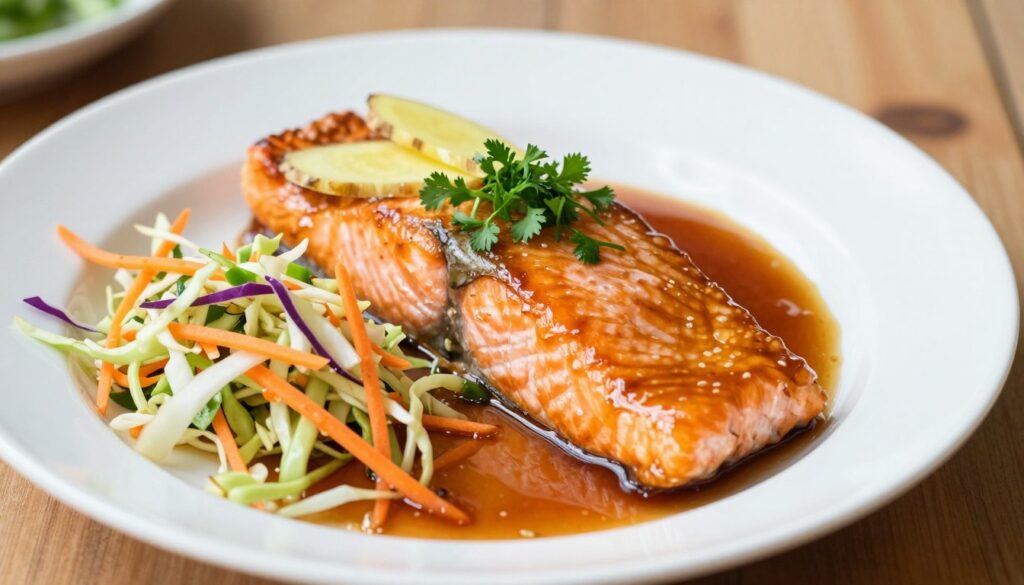 A beautifully plated dish of ginger glazed salmon, glistening with a rich amber sauce, sits elegantly on a clean, white ceramic plate. The salmon is garnished with fresh, vibrant green herbs and bright, thinly sliced pieces of ginger, reflecting the glaze's glossy texture. Surrounding the fish, a colorful Vietnamese coleslaw made from shredded cabbage, carrots, and herbs adds a crunchy contrast in shades of green, orange, and purple. The background features a softly blurred wooden table, enhancing the dish's appeal. Bright, natural lighting highlights the dish, creating a warm and inviting atmosphere, while a shallow depth of field draws focus to the intricate details of the salmon. The overall mood is appetizing and fresh, perfect for a culinary highlight.