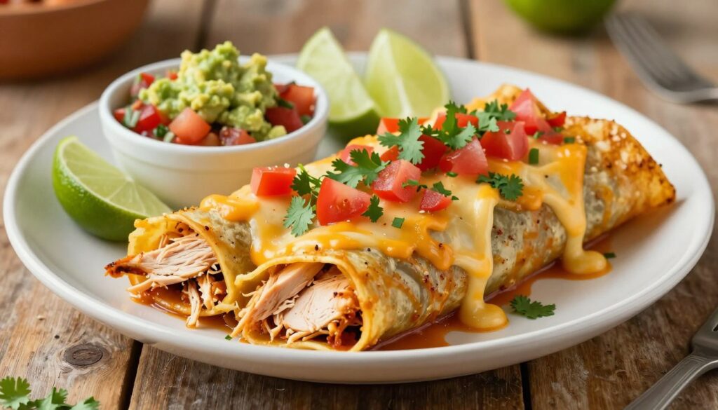 A beautifully plated dish of high protein chicken enchiladas, showcasing vibrant colors and textures. In the foreground, the enchiladas are rolled and topped with melted cheese, diced tomatoes, and fresh cilantro. Juicy, shredded chicken is visible inside the enchiladas, enhanced by spices. In the middle ground, a small bowl of spicy salsa and a side of guacamole are artfully arranged, with slices of lime scattered around for added freshness. The background features a rustic wooden table, softly lit by natural light, creating a warm and inviting atmosphere. The angle captures the dish from slightly above, emphasizing the layers and details of the enchiladas. The mood is cozy and appetizing, perfect for sharing delicious, healthy meals.