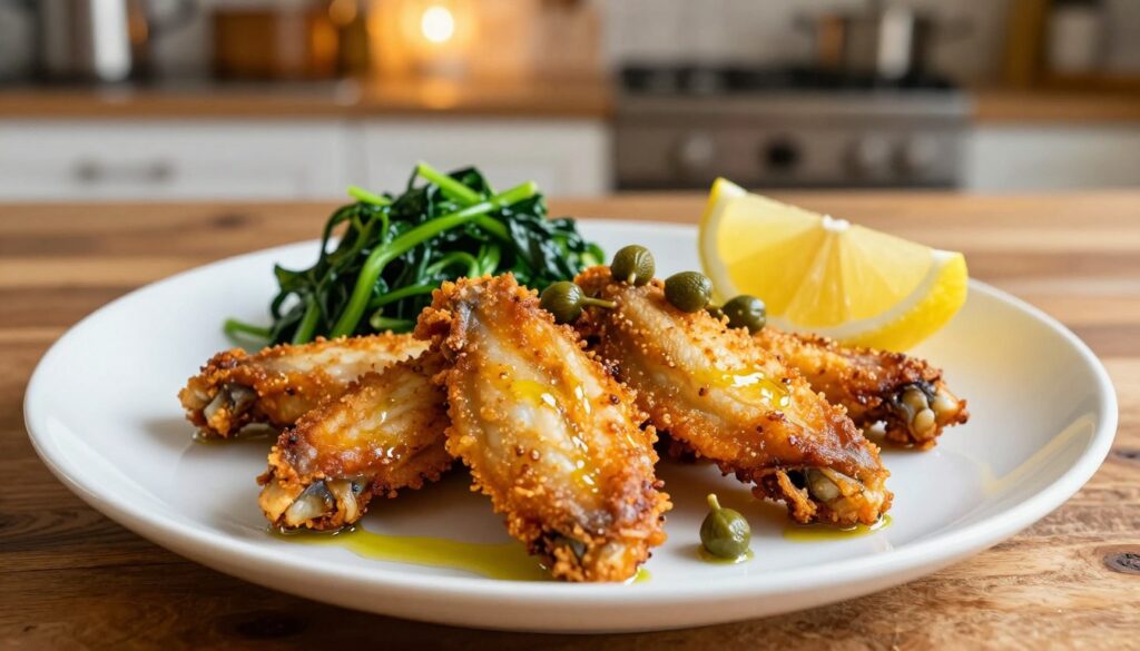 A beautifully plated dish of pan-fried skate wings, golden-brown and crispy, garnished with a fresh lemon wedge and vibrant green capers. The foreground showcases the texture and details of the delicate fish, glistening with a light drizzle of olive oil. In the middle, lightly wilted sautéed greens complement the skate, adding color and contrast. A rustic wooden table sets the scene, while the background features a softly blurred kitchen with warm, inviting ambient light enhancing the homely atmosphere. The angle captures the dish from a slight overhead, emphasizing the presentation and inviting viewers to experience the freshness of the ingredients. The overall mood is cozy and appetizing, ideal for showcasing a culinary delight.