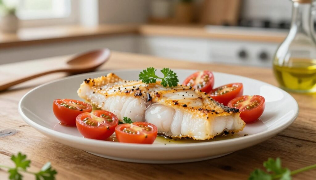 A beautifully plated dish of roasted cod loin, garnished with vibrant, fresh cherry tomatoes and sprigs of parsley. The cod should be golden and flaky, showcasing its tender texture, placed on a rustic wooden table. In the background, softly blurred kitchen elements create a cozy atmosphere, illuminated by warm, natural light coming from a nearby window. Include a wooden spoon and a small bowl of olive oil, emphasizing the simplicity of the ingredients. The image should capture the inviting and homey feeling of preparing a delicious meal, appealing to the viewer's senses with its colors and textures. The angle is a close-up shot, highlighting the details of the dish, inviting viewers to imagine the aroma and taste.