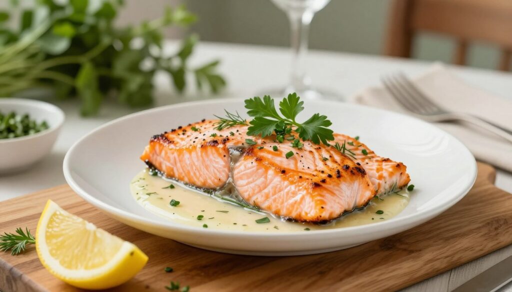 A beautifully plated dish of simple salmon escalopes, showcasing tender, lightly pan-seared salmon fillets, garnished with fresh herbs like parsley and dill. The foreground features a wooden cutting board with a lemon wedge, adding a vibrant pop of color. In the middle, a pristine, white dinner plate displays the escalopes artfully arranged alongside a light, creamy sauce. The background consists of an elegantly set dining table with blurred greenery, creating a warm and inviting atmosphere. Soft, natural lighting bathes the scene, enhancing the fresh colors and textures of the dish. The image captures a cozy, home-cooked meal vibe, perfect for inspiring easy variations of salmon escalopes. A beautifully plated dish of simple salmon escalopes, showcasing tender, lightly pan-seared salmon fillets, garnished with fresh herbs like parsley and dill. The foreground features a wooden cutting board with a lemon wedge, adding a vibrant pop of color. In the middle, a pristine, white dinner plate displays the escalopes artfully arranged alongside a light, creamy sauce. The background consists of an elegantly set dining table with blurred greenery, creating a warm and inviting atmosphere. Soft, natural lighting bathes the scene, enhancing the fresh colors and textures of the dish. The image captures a cozy, home-cooked meal vibe, perfect for inspiring easy variations of salmon escalopes.