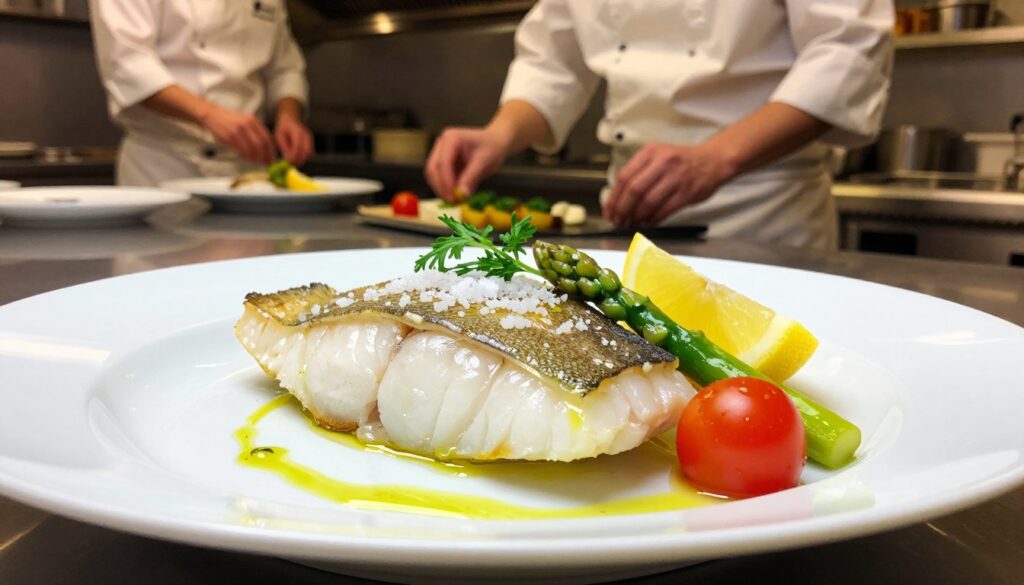 A beautifully plated fillet of turbot resting on a salt crust, showcasing its delicate, flaky texture. The fish glistens with a light drizzle of olive oil and is garnished with fresh herbs, lemon wedges, and colorful vegetables like cherry tomatoes and asparagus for added vibrancy. In the foreground, the focus highlights the intricate details of the salt crust and the glistening fish. In the middle ground, a professionally set restaurant kitchen can be seen, with chefs in white uniforms skillfully preparing ingredients. The background features soft, warm lighting that creates an inviting atmosphere, enhancing the presentation of the dish. The angle captures the meal from a slight top-down perspective, emphasizing the vibrant colors and textures of the turbot.