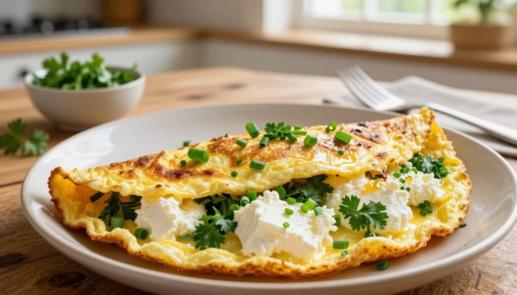 A beautifully plated goat cheese omelet, showcasing its fluffy, golden exterior, filled with creamy white goat cheese and vibrant fresh herbs like chives and parsley. The foreground features a close-up of the omelet, glistening with a light sheen, capturing the texture of the cheese melting within. The middle ground includes a rustic wooden table adorned with a small bowl of mixed herbs and a fork, inviting a sense of warmth. In the background, a softly blurred kitchen setting with natural sunlight streaming through a window, highlighting the inviting atmosphere. The image should have a bright, warm lighting ambiance, creating a cozy and appetizing mood. The angle should be a top-down view to emphasize the details of the omelet and its garnishes, evoking a sense of culinary mastery.