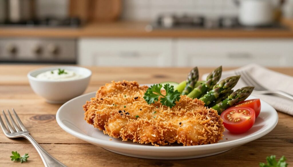 A beautifully plated keto chicken schnitzel made with crushed pork rinds, positioned prominently in the foreground. The schnitzel is golden brown with a crispy exterior, garnished with fresh parsley. Accompanying it are vibrant side vegetables, like asparagus and cherry tomatoes, enhancing the colorful presentation. In the middle ground, a rustic wooden table setup includes a dipping sauce in a small bowl and a fork, suggesting a home-cooked meal. The background features a softly blurred kitchen environment with warm lighting, creating a cozy ambiance. The scene captures a welcoming, appetizing atmosphere, showcasing the deliciousness of this low-carb dish, ready for enjoyment.