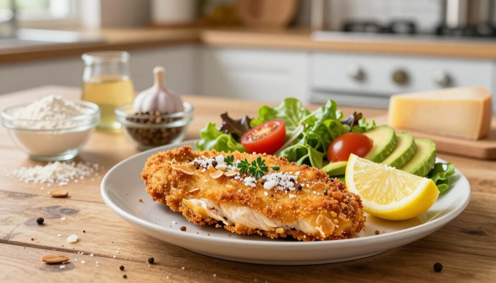 A beautifully plated keto-friendly chicken schnitzel, golden-brown and crisp, sits prominently in the foreground on a rustic wooden table. The schnitzel, made from tender chicken breast, is coated with almond flour and spices, garnished with fresh herbs and a wedge of lemon. Next to it, a vibrant salad of mixed greens, cherry tomatoes, and avocado enhances the dish's appeal. In the middle ground, various essential ingredients are artfully arranged—almond flour, grated parmesan cheese, garlic powder, and spices, creating a sense of preparation. The background features a soft-focus kitchen scene with warm, natural lighting that evokes a cozy cooking atmosphere. Capture the image from a slight overhead angle to emphasize the dish's textures and colors, ensuring a mouthwatering presentation.