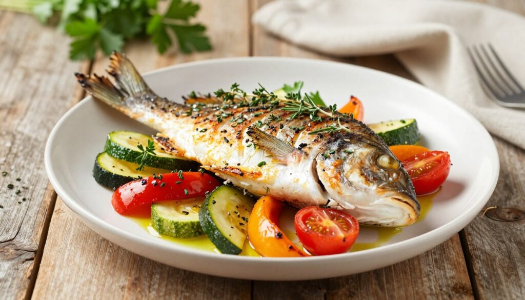 A beautifully plated roasted John Dory fillet, garnished with a variety of Mediterranean herbs like thyme, rosemary, and parsley. The fish is golden brown and flaky, resting atop a bed of vibrant, roasted seasonal vegetables, including bell peppers, zucchini, and cherry tomatoes, all drizzled with olive oil. The foreground showcases the texture of the fish and vegetables in sharp detail. The middle ground features a rustic wooden table, enhancing the Mediterranean vibe. In the background, soft, blurred hints of fresh herbs and a light fabric napkin add warmth. Natural lighting illuminates the dish, creating an inviting atmosphere, with a slightly overhead angle to capture the dish's elegance.