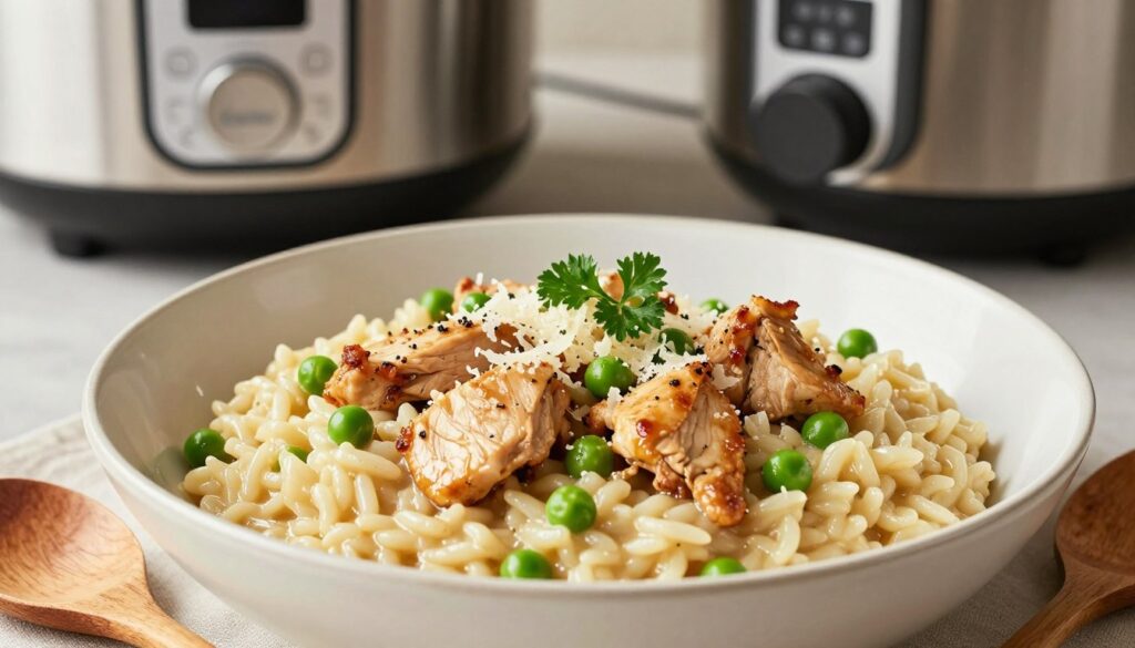 A beautifully plated serving of creamy chicken risotto in a Cookeo bowl, with mouth-watering visuals featuring tender chicken pieces and vibrant green peas, garnished with fresh parsley and a sprinkle of grated Parmesan cheese. The risotto has a glossy texture, showcasing its richness. The foreground includes a wooden spoon resting beside the bowl, hinting at the cooking process. The middle features a softly blurred Cookeo appliance in the background, conveying a modern kitchen setting. Warm, natural lighting illuminates the dish, creating a cozy atmosphere. The angle is slightly above the plate, focusing on the enticing details of the risotto, inviting viewers to appreciate its deliciousness and simplicity.