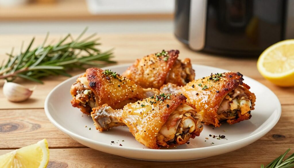 A beautifully plated serving of juicy air fryer chicken thighs, seasoned with vibrant herbs and spices, glistening under soft, warm lighting. The chicken thighs should be golden-brown with a crispy skin, arranged on a rustic wooden table. In the background, fresh ingredients like sprigs of rosemary, garlic cloves, and lemon slices provide a colorful contrast, emphasizing the freshness and simplicity of the recipe. A light, airy kitchen setting with an air fryer in the distance completes the scene, inviting a sense of warmth and comfort. Capture this from a slightly elevated angle to showcase the dish's textures, with a shallow depth of field to keep the focus on the chicken thighs, evoking a cozy, inviting atmosphere perfect for beginner cooks.