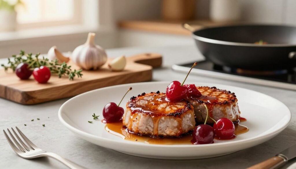 A beautifully plated serving of pan-seared veal chops, showcasing the golden-brown crust created from the masterful pan-searing technique. The veal chops are garnished with a vibrant cherry sauce made from fresh cherries and rich maple syrup, glistening under soft, warm kitchen lighting. In the foreground, the focus is sharp on the chops with delicate herbs sprinkled around, while in the middle ground, a rustic wooden cutting board holds fresh ingredients like garlic and thyme. The background features a softly blurred kitchen setting, complete with a hint of sunlight streaming through a window, adding warmth and a cozy atmosphere. This image embodies the art of cooking, with an inviting and professional culinary aesthetic, perfect for illustrating the mastery of pan-searing veal chops.