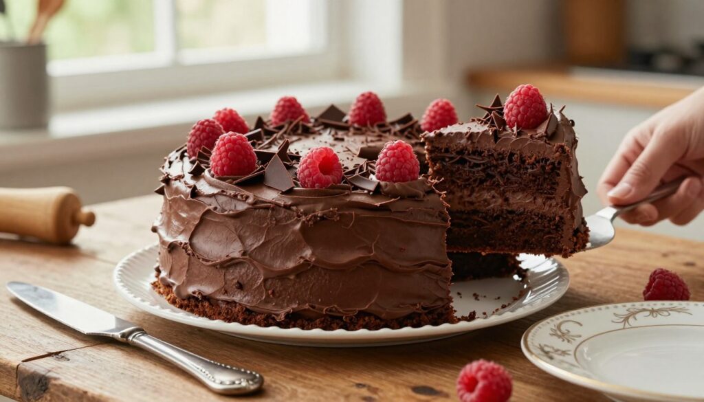 A beautifully presented classic chocolate cake, rich in color and texture, sits elegantly on a rustic wooden table. The cake features three luscious layers, generously filled with velvety dark chocolate frosting, adorned with delicate chocolate shavings and fresh raspberries on top. In the foreground, a vintage cake knife and a elegant dessert plate are partially visible. The middle ground showcases the cake with a slightly blurred hand gently serving a piece, conveying a warm, inviting atmosphere. Soft, natural light filters through a nearby window, casting a gentle glow over the scene, enhancing the homey and celebratory mood. The background hints at a cozy kitchen setting with subtle baking tools and ingredients, perfectly aligning with the occasion of baking for family and friends.