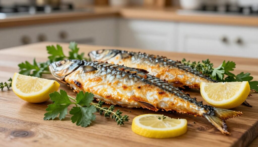 A beautifully presented dish of crispy skin mackerel, perfectly baked in an oven, positioned on a rustic wooden table. In the foreground, the golden-brown skin of the mackerel glistens, with fresh lemon wedges and vivid green herbs like parsley and thyme artfully arranged around it, adding bursts of color. The middle ground showcases the juicy, moist flesh of the fish, hinting at its tenderness. Soft, diffused lighting illuminates the scene, creating a warm and inviting atmosphere. A gentle depth of field blurs the background slightly, where we see a cozy kitchen setting, suggestive of the home-cooking environment. The overall mood is fresh, appealing, and culinary-focused, inviting the viewer to savor the appetizing details of this baked mackerel dish.