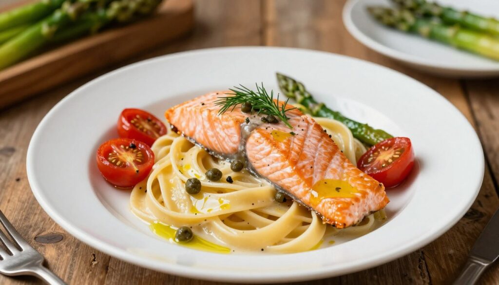 A beautifully presented dish of salmon tagliatelle, featuring perfectly cooked salmon fillets resting atop a bed of creamy, al dente tagliatelle pasta. The salmon glistens with a light drizzle of lemon-infused olive oil and is garnished with fresh dill and a sprinkle of capers. Surrounding the plate are vibrant, sautéed cherry tomatoes and asparagus, adding color and an inviting texture. Soft, warm lighting enhances the dish's appeal, casting gentle shadows that bring out the richness of the ingredients. The background features a rustic wooden table setting, evoking a cozy, home-cooked atmosphere, with hints of greenery and elegant dishware to complement the meal. Capture this scene from a slightly elevated angle to showcase the dish's gourmet presentation. A beautifully presented dish of salmon tagliatelle, featuring perfectly cooked salmon fillets resting atop a bed of creamy, al dente tagliatelle pasta. The salmon glistens with a light drizzle of lemon-infused olive oil and is garnished with fresh dill and a sprinkle of capers. Surrounding the plate are vibrant, sautéed cherry tomatoes and asparagus, adding color and an inviting texture. Soft, warm lighting enhances the dish's appeal, casting gentle shadows that bring out the richness of the ingredients. The background features a rustic wooden table setting, evoking a cozy, home-cooked atmosphere, with hints of greenery and elegant dishware to complement the meal. Capture this scene from a slightly elevated angle to showcase the dish's gourmet presentation.