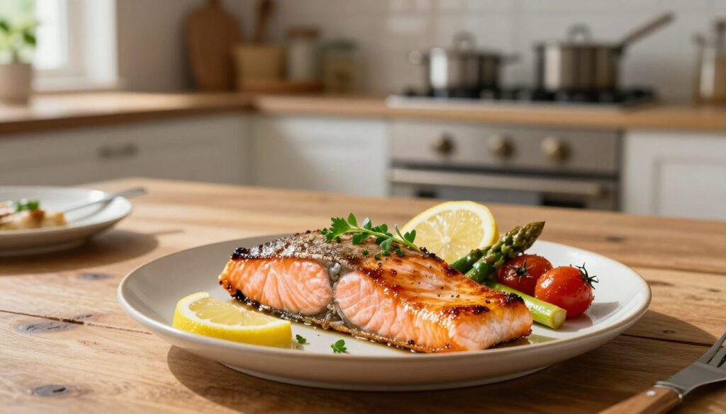 A beautifully presented plate of broiled salmon, garnished with fresh herbs and lemon slices, sits in the foreground. The salmon has a crispy, caramelized crust, with glistening edges revealing its flaky, tender pink flesh inside. On either side, roasted colorful vegetables like asparagus and cherry tomatoes complement the dish. In the middle ground, a rustic wooden table sets a cozy atmosphere, with subtle natural light illuminating the scene from a nearby window, creating soft shadows. The background features an open kitchen, with elegant cookware and a hint of a vibrant green plant, adding a touch of liveliness. The image conveys warmth and a sense of effortless elegance, perfect for showcasing quick and easy cooking methods.