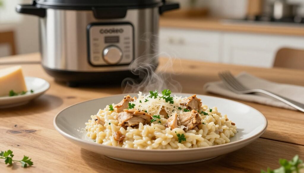 A beautifully presented plate of creamy chicken risotto, finished with a sprinkle of fresh parsley and grated Parmesan cheese, sits center stage in a warm, inviting kitchen. The risotto is perfectly creamy and has tender pieces of chicken throughout, steaming gently under soft, diffused natural light that bathes the scene in a golden glow. In the background, a Cookeo multi-cooker is visible, showcasing its sleek design and usability. An elegant wooden dining table with rustic utensils complements the atmosphere, evoking a sense of comfort and warmth. The focus is sharp on the risotto, with a shallow depth of field blurring the background slightly, enhancing the appeal of the dish and inviting viewers to savor the moment.
