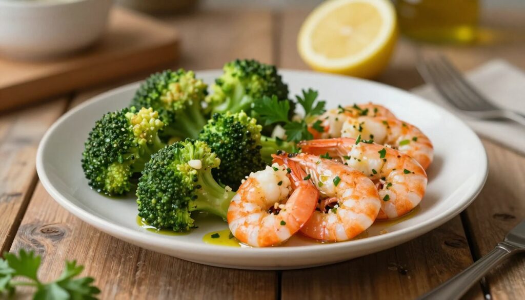 A beautifully presented plate of healthy garlicky shrimp and broccoli, arranged artfully on a rustic wooden table. In the foreground, vibrant green broccoli florets are lightly steamed, glistening with olive oil, alongside plump, pink shrimp sautéed in garlic and herbs. The middle ground features a sprinkle of fresh parsley for garnish and a slice of lemon adding a burst of color. Soft, natural light illuminates the dish, casting gentle shadows and highlighting the textures of the food. The background is slightly blurred, featuring a cozy kitchen ambiance, with subtle hints of cooking utensils and ingredients to evoke a sense of warmth and home-cooked comfort. The overall mood is inviting and wholesome, ideal for quick and delicious meal preparation.