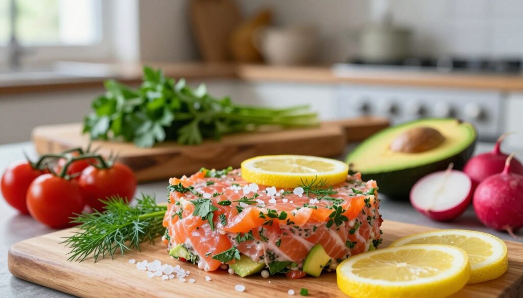 A beautifully presented salmon terrine sits in the foreground, layered attractively with vibrant herbs like dill and parsley, and garnished with slices of fresh lemon and a sprinkle of sea salt. Surrounding the terrine, assorted fresh ingredients such as cherry tomatoes, avocados, and colorful radishes create an inviting composition. The middle ground softly blurs, showcasing a rustic wooden cutting board adorned with additional herbs, suggesting a preparing and serving atmosphere. In the background, a softly lit kitchen environment with gentle natural light filtering through a window sets a warm, cozy mood. The image is captured with a shallow depth of field, using a wide-angle lens to enhance the colors and textures, while maintaining a focus on the delicious terrine as the centerpiece.