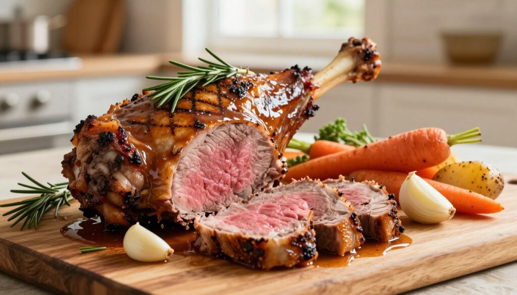 A beautifully roasted leg of lamb displayed on a rustic wooden cutting board, glistening with rich brown juices and garnished with fresh rosemary sprigs and garlic cloves. In the foreground, a perfectly sliced portion reveals succulent pink meat with slight grill marks, showcasing ideal doneness. The middle ground features an assortment of colorful roasted vegetables, such as carrots and potatoes, artfully arranged around the lamb. The background consists of a warm kitchen setting, with soft, natural lighting streaming in from a nearby window, creating a cozy atmosphere. The focus should be sharp on the lamb and vegetables, with a slight bokeh effect on the background to enhance depth and warmth. The overall mood is inviting and appetizing, ideal for showcasing a delicious yet easy roast leg of lamb.