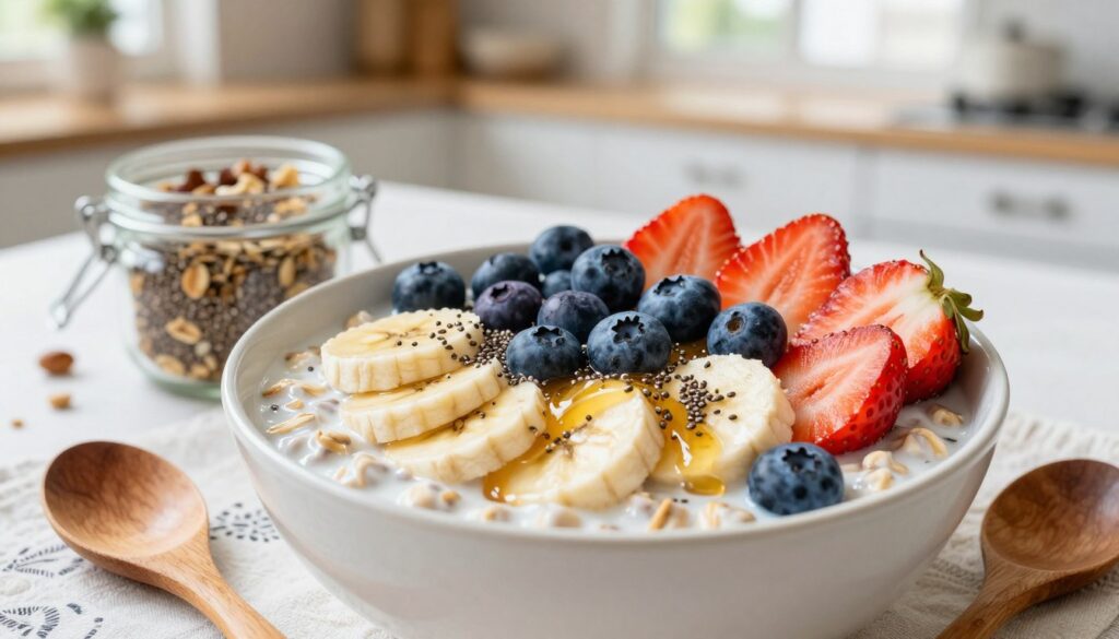 A beautifully styled bowl of creamy overnight oats, featuring a rich, textured blend of rolled oats soaked in milk or yogurt, topped with an assortment of vibrant, fresh fruits such as sliced bananas, juicy blueberries, and strawberries. Include a sprinkle of chia seeds and a drizzle of honey on top, adding a touch of gloss. The foreground should highlight the bowl with a wooden spoon resting beside it. In the middle ground, place a small jar of additional toppings like nuts and seeds, with a beautifully patterned tablecloth beneath. The background should softly blur out to showcase a bright and airy kitchen setting, with natural light streaming in through a nearby window, creating a warm and inviting atmosphere. Ensure the image radiates a sense of health and freshness, appealing and appetizing to viewers.