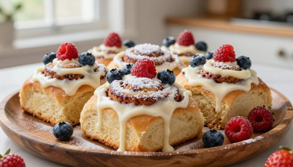 A beautifully styled composition of soft, freshly baked cinnamon rolls, generously drizzled with cream cheese frosting. The cinnamon rolls, golden-brown and fluffy, are adorned with a scattering of vibrant mixed berries such as blueberries, raspberries, and strawberries, adding a pop of color. In the foreground, a rustic wooden plate holds a few of the rolls, with icing delicately cascading down the sides. In the middle, a light dusting of powdered sugar glimmers over the rolls, enhancing the warm, inviting feel. The background features a softly blurred kitchen setting, with natural light streaming in from a nearby window, creating a cozy, homey atmosphere. Shot from a slightly elevated angle to capture depth, focusing on texture and detail, evoking warmth and comfort. A beautifully styled composition of soft, freshly baked cinnamon rolls, generously drizzled with cream cheese frosting. The cinnamon rolls, golden-brown and fluffy, are adorned with a scattering of vibrant mixed berries such as blueberries, raspberries, and strawberries, adding a pop of color. In the foreground, a rustic wooden plate holds a few of the rolls, with icing delicately cascading down the sides. In the middle, a light dusting of powdered sugar glimmers over the rolls, enhancing the warm, inviting feel. The background features a softly blurred kitchen setting, with natural light streaming in from a nearby window, creating a cozy, homey atmosphere. Shot from a slightly elevated angle to capture depth, focusing on texture and detail, evoking warmth and comfort.