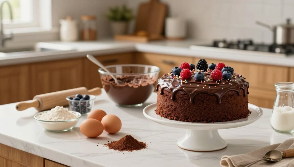 A beautifully styled kitchen counter showcasing a delicious quick and easy chocolate cake. In the foreground, a freshly baked chocolate cake with glossy chocolate frosting, adorned with sprinkles and berries, sits on an elegant cake stand. Beside it, a colorful assortment of ingredients such as flour, cocoa powder, eggs, and sugar set the scene for a baking adventure. In the middle ground, a rolling pin, measuring cups, and a mixing bowl filled with the chocolate batter evoke a sense of preparation. The background features a softly lit kitchen with warm wooden cabinets, creating an inviting and cozy atmosphere. Soft natural light pours through a window, illuminating the cake and giving it a mouthwatering appeal. The overall mood is cheerful and inspiring, perfect for beginners eager to embark on their baking journey.
