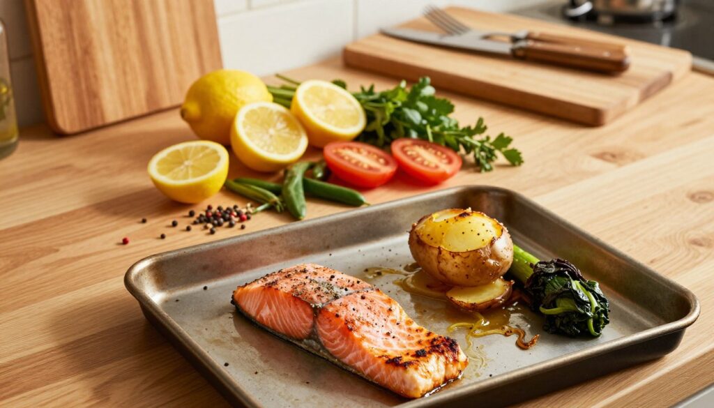A beautifully styled kitchen scene featuring a sheet pan of salmon surrounded by common mistakes. In the foreground, a slightly burnt salmon fillet with uneven seasoning, next to an overcooked potato and a soggy green vegetable. The middle layer showcases a colorful assortment of fresh ingredients that should have been used but are scattered around chaotically—lemons, herbs, and spices in disarray. In the background, a pristine wooden countertop with a cutting board and cooking tools, illuminated by warm golden lighting to create a cozy atmosphere. Capture the essence of culinary mishaps while emphasizing the importance of presentation, with a focus on the textures and colors of the food, taken from a slightly overhead angle to give a comprehensive view of the scene. A beautifully styled kitchen scene featuring a sheet pan of salmon surrounded by common mistakes. In the foreground, a slightly burnt salmon fillet with uneven seasoning, next to an overcooked potato and a soggy green vegetable. The middle layer showcases a colorful assortment of fresh ingredients that should have been used but are scattered around chaotically—lemons, herbs, and spices in disarray. In the background, a pristine wooden countertop with a cutting board and cooking tools, illuminated by warm golden lighting to create a cozy atmosphere. Capture the essence of culinary mishaps while emphasizing the importance of presentation, with a focus on the textures and colors of the food, taken from a slightly overhead angle to give a comprehensive view of the scene.