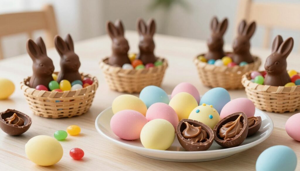 A beautifully styled tabletop featuring a variety of easy Easter dessert ideas, focusing on chocolate-peanut butter Easter eggs. In the foreground, showcase a platter of colorful, hand-decorated chocolate eggs in pastel shades of pink, yellow, and blue, some half-open with rich peanut butter filling visible. In the middle ground, include a few small baskets filled with mini chocolate bunnies and vibrant jelly beans. The background should be softly blurred, depicting a cozy dining setting with light natural wood decor. Warm, soft lighting enhances the inviting atmosphere, creating a festive, joyful mood. Capture the scene from a slightly elevated angle to allow a clear view of the treats, while emphasizing the texture and colors of the desserts.